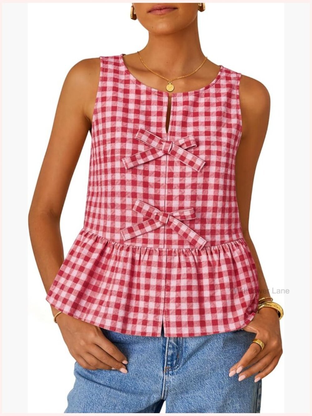 Sleeveless Gingham Tank Top with Ruffle Hem Babydoll Blouse